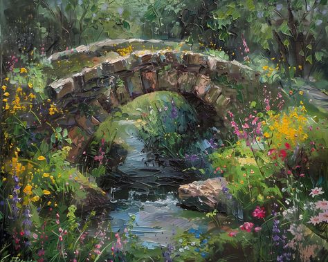 "Bloom Over Bridge" is an enchanting oil painting that portrays a rustic stone bridge surrounded by the vibrant dance of wildflowers. The eye is drawn across the quaint structure, over the gentle stream, and into the lush forest that frames the scene. The use of bold, impasto brushstrokes adds a delightful texture, capturing the dynamic essence of nature's palette. The flowers in full bloom, set against the dappled light filtering through the trees, create a tableau of color and life, evoking the spirit of spring and the promise of summer. This piece is an invitation to experience the simple joys of nature and would be a charming addition to any collection, perfect for those seeking to bring the beauty of the outdoors into their home. Features: * Ayous wood .75″ (1.9 cm) thick frame from r Nature Painting Reference, Flower Forest Painting, Bridge Landscape, Painting Garden, Garden Art Drawing, Bridge Painting, Landscape Vintage, Lush Forest, Dappled Light