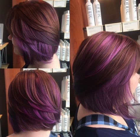 Brown and purple hair Red And Purple Highlights In Brown Hair, Brown And Purple Hair, Hair Color Pixie Cut, Purple Highlights Brown Hair, Medium Dark Hair, Burgundy Brown Hair, Underdye Hair, Red Purple Hair, Purple Brown Hair