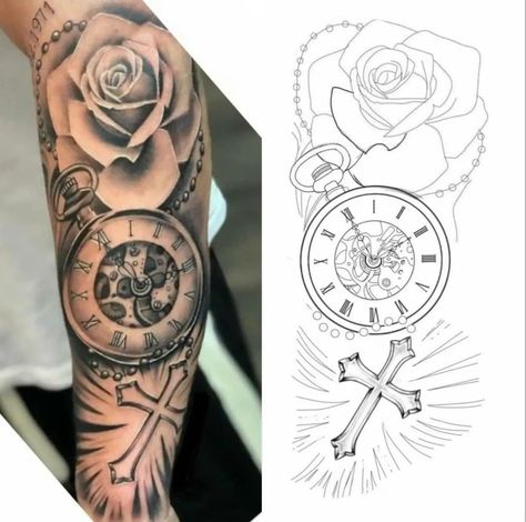 Tato Jam, Vice Lords, Clock And Rose Tattoo, Shen Long Tattoo, Watch Tattoo Design, Pocket Watch Tattoos, Rose Tattoo Sleeve, Half Sleeve Tattoos Drawings, Watch Tattoo