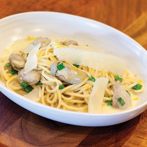 Chef to Watch Brian Landry of Borgne Restaurant in New Orleans gave us this recipe for Oyster Spaghetti. Oyster Spaghetti, Oyster Pasta, Shrimp Stew, Louisiana Seafood, Oyster Recipes, Louisiana Recipes, Garlic Pasta, Perfect Pasta, Gumbo