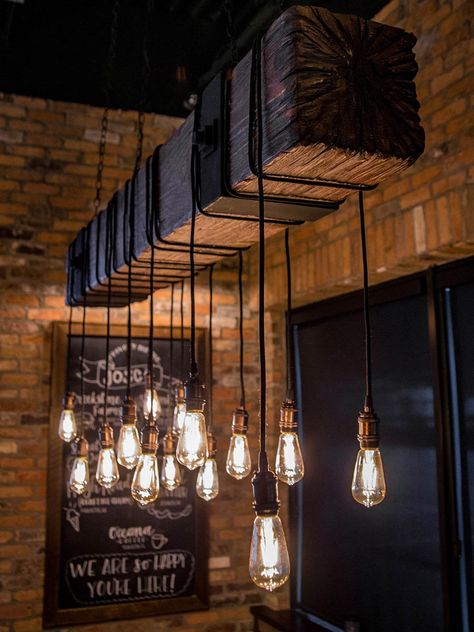 Rustic Beam Chandelier w/ Edison Bulbs Edison Bulb Chandelier Dining Room, Rustic Beam Light Fixture, Rustic Chandelier Diy, Beam Lighting Ideas, Wood Beam Light Fixture, Hanging Edison Lights, Edison Bulb Lighting, Edison Bulb Light Fixtures, Beam Light Fixture