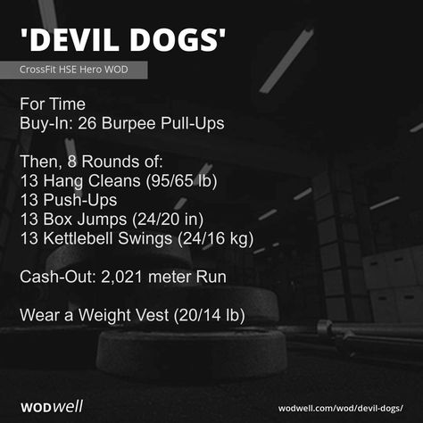 For Time; Buy-In: 26 Burpee Pull-Ups; Then, 8 Rounds of:; 13 Hang Cleans (95/65 lb); 13 Push-Ups; 13 Box Jumps (24/20 in); 13 Kettlebell Swings (24/16 kg); Cash-Out: 2,021 meter Run; Wear a Weight Vest (20/14 lb) Weight Vest Workout Crossfit, Hang Clean Workout, Barbell Complex Workouts, Weight Vest Workout, Wods Crossfit, Burpee Workout, Crossfit Workouts Wod, Hero Wod, Crossfit Workouts At Home