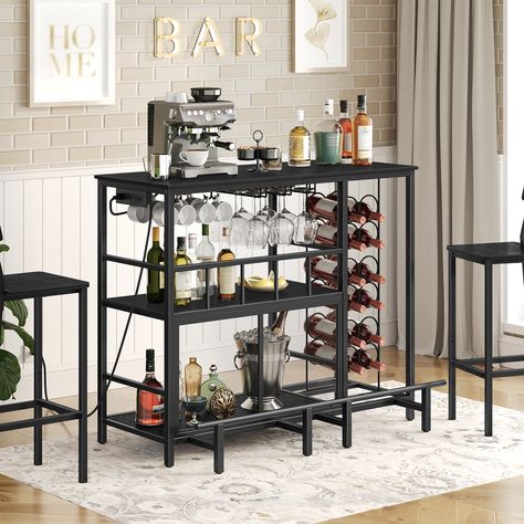 Mahancris bar table with wine racks. Led lights Black bar table of 44.9"L x 15.7"W x 37.4"H. Multi-purposes for party time. Roomy wine rack for mugs, glasses and wine. Your private bar corner. Bar With Wine Rack, Home Bar Unit, Glasses Kitchen, Bar Corner, Bar Unit, Lights Black, Black Bar, Wine Racks, Bar Cabinet