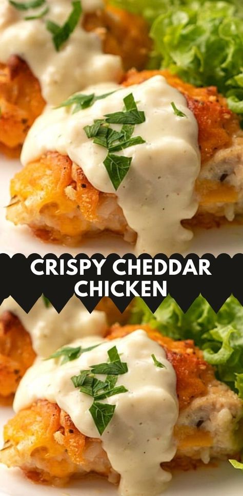 Crispy Cheddar Chicken | 100K Recipes Crispy Cheddar Chicken, Chicken Recipes Boneless, Cheddar Chicken, Crispy Baked Chicken, Cheesy Chicken, Chicken Dishes Recipes, Baked Chicken Recipes, Recipes Chicken, Crispy Chicken