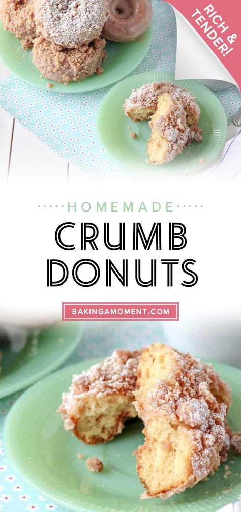 Crumb Donut Recipes, Crumb Donut, Mini Donut Recipes, Cinnamon Crumb Cake, Raised Donuts, Cake Donuts Recipe, Cinnamon Glaze, Easy Donut Recipe, Yeast Donuts