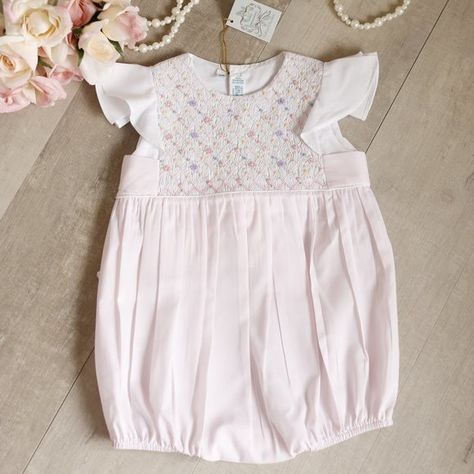 Spring Cotton Bubble Romper With Smocked Cuffs, Spring White Bubble Romper With Smocked Back, White Bubble Romper With Smocked Back For Spring, White Smocked Cotton Bubble Romper, White Cotton Smock Bubble Romper, Feltman Brothers, Smocked Romper, Pink Calvin Klein, Spring Portraits