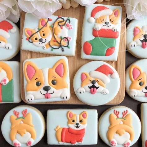 Dog Cookie Decorated, Corgi Cookies Decorated, Corgi Cookies, Corgi Cake, Animal Crackers Recipe, Pup Party, Puppy Cookies, Royal Icing Christmas Cookies, Creative Sweets