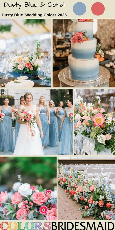 It explores the top 8 dusty blue wedding color ideas and trends for 2025, including light shades such as white, pink, peach, apricot and dark hues such as coral, yellow, orange, dark red. to give you more ideas and inspiration. Blue And Coral Wedding Theme, Terracotta And Dusty Blue Wedding, April Wedding Colors, Blue Wedding Color Palette, Coral Wedding Themes, Coral Wedding Colors, White Bridal Gown, Wedding Color Ideas, Dusty Blue Wedding