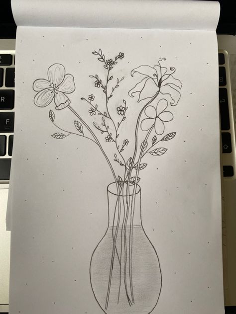 Thin lines by pencil, flowers, leaves, water, flower pot, very aesthetic and cute and detailed Pot Flowers Drawing, Flowers In Pots Drawing, Flower Drawing In Vase, Flower Pot Art Drawing, Sketsa Flora Simple, Flowers Aesthetic Drawing Easy, Flower Pot Sketch, Flower Vase Sketch, Flowers In Vase Drawing