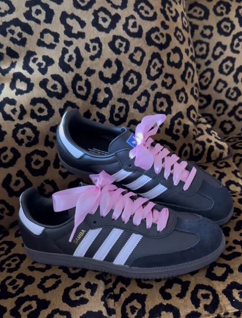 ribbon laces sneakers, back to school shoes, school shoes, cute shoe, cute trainers, trainers, ribbon satin shoelaces, pink laced sambas, adidas sambas ribbon laces, pink shoelaces @catlpatterson on tiktok Pink Ribbon Shoe Laces, Pink Sambas, Pink Adidas Shoes, Ribbon Shoe Laces, Sambas Adidas, Pink Shoelaces, Shoes School, Samba Shoes, Cute Vacation Outfits