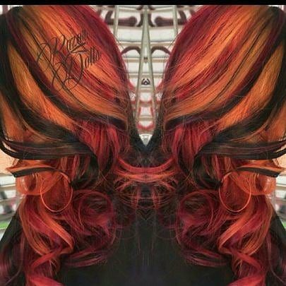 Multi Colored Red Hair, Fox Tail Hair Color, Sunrise Hair, Halloween Hair Color Ideas, Halloween Hair Color, Orange Ombre Hair, Streaked Hair, Hair Stripping, Vivid Hair