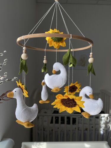 Goose baby mobile, Goose nursery decor, felt goose, nursery boho style, | eBay Pond Nursery Theme, Yellow Flower Nursery, Felt Goose, Vintage Woodland Nursery, Boho Style Nursery, Sunflower Nursery, Duck Nursery, Bee Nursery, Goose Nursery