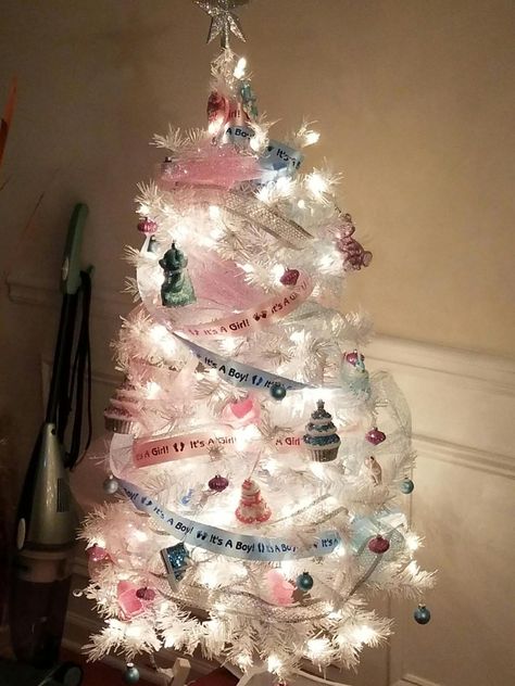 DIY gender reveal Christmas tree created by yours truly. Gender Reveal Christmas Tree, Winter Themed Gender Reveal, Winter Wonderland Gender Reveal, Christmas Themed Gender Reveal, Christmas Tree Gender Reveal, Winter Gender Reveal Ideas, Gender Reveal Winter, Snowflake Gender Reveal, Gender Reveal Christmas