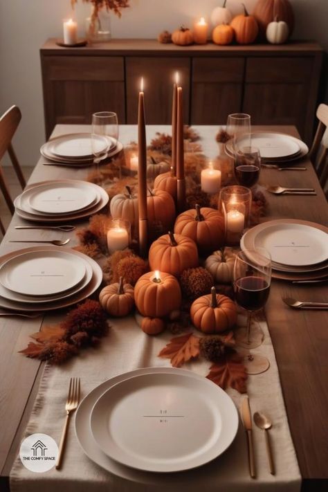 Elevate your family gatherings with elegant autumn table settings. Discover our tips for creating a cozy and inviting atmosphere.#FallDecor #AutumnVibes #HomeInspiration #CozyLiving #InteriorDesign Family Thanksgiving Table Settings, Orange Table Cloth Thanksgiving, Thanksgiving Table Setting With Food, Thanksgiving Table Settings Tablecloth, Fall Thanksgiving Aesthetic, Autumn Table Set Up, Beige Thanksgiving Aesthetic, Unique Fall Tablescapes, Thanksgiving Tablescapes Outdoor