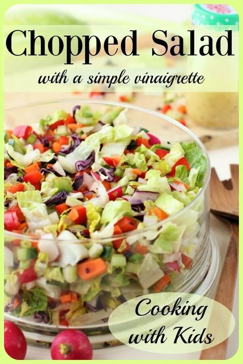 The beauty of a chopped salad is that you can use whatever combination of veggies you have in your fridge. It's loaded with freshness and crunch, and the light zingy dressing is quick to shake up. A great project to make with kids so they learn chopping skills, and a fun way to get them eating salads. A delicious basic salad for any weeknight meals for all ages. This recipe is a good basic to have in your meal planing #salad #healthyrecipe Basic Salad Recipes, Chopping Skills, Easy Vinaigrette, Healthier Dinners, Basic Salad, Meal Planing, Chopped Salad Recipes, Christmas Buffet, Simple Dressing