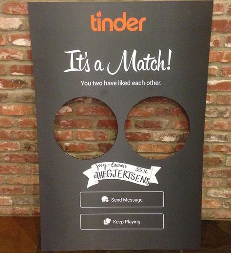 It's a match! Tinder photo booth for couples who met on Tinder. Tinder Match Scrapbook, Tinder Wedding Favors, Tinder Bridal Shower Theme, Its A Match Tinder Wedding, Tinder Wedding Ideas, Tinder Wedding, Fairy Tail Wedding, Tinder Match, Boho Wedding Theme