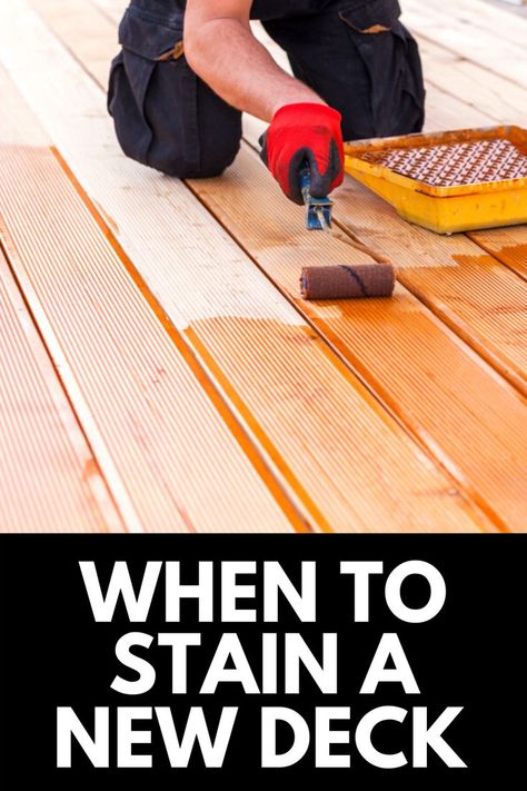 Installing a new deck is an exciting project, but how long should you wait before staining it? Here, we discuss everything you need to know to achieve the deck of your dreams! Read more at OwnTheYard.com! Staining Pressure Treated Wood, Wood Deck Stain, Treated Wood Deck, Best Deck Stain, Pressure Treated Deck, Deck Cleaning, Deck Remodel, Porch Wood, Modern Deck