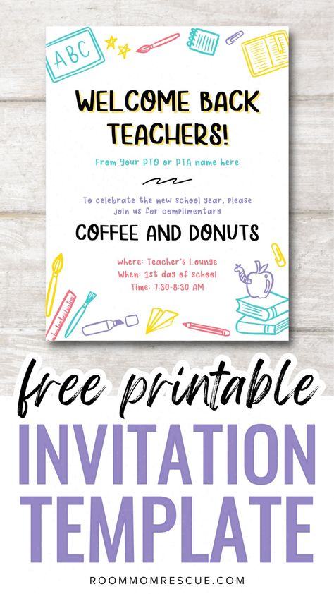 Use this free printable invitation to welcome teachers and staff back to school with a teacher breakfast! Completely editable, this invite can be printed or emailed and made to match your themes. Get breakfast food ideas and use this invitation to make decorations and signs at your back to school teacher breakfast on the first day. Get free printable invitations along with the best ideas for starting up school programs, PTA school planning and coordinating school events at roommomrescue.com! Back To School Teacher Breakfast, Welcome Back Teacher, Back To School Event, Teacher Breakfast, School Planning, Back To School Breakfast, School Pto, Free Printable Invitations Templates, Pta School