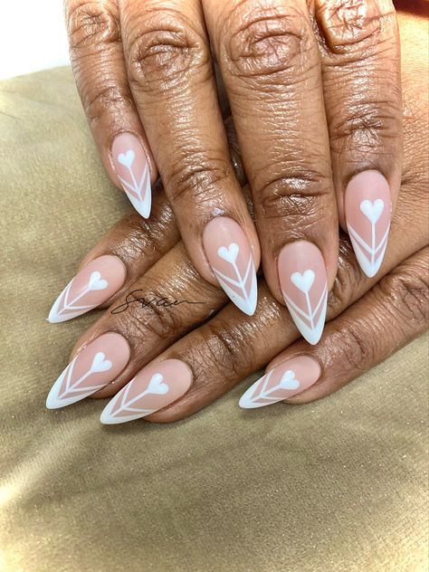 Valentine Almond Nails Art Designs, Heart French Tip Nails Almond, White Vday Nails, Almond Nails With Hearts, Heart Tip Nails, Biab Nails, Almond Nails French, Almond Nail Art, Heart Nail Designs