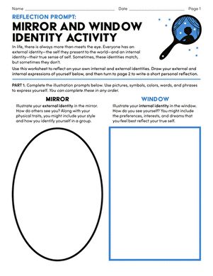 Reflection Prompt: Mirror and Window Identity Activity | Worksheet | Education.com Printable Mindfulness Worksheets, Mindfulness Worksheets, Reflective Writing, Ixl Learning, Reflection Activities, Activity Worksheet, Preschool Reading, 2nd Grade Worksheets, Art Therapy Activities