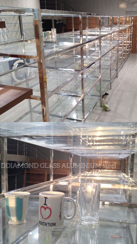 Glass shelf eiland for crockery display Crockery Shelf, Shelf On Wall, Glass Wall Shelf, Shelf For Kitchen, Shelves For Living Room, Glass Wall Shelves, Steel Rack, Shop Displays, Steel Racks