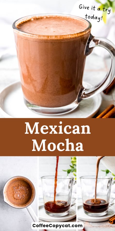 Mexican Mocha (Spicy Optional) - coffeecopycat.com Mocha Cola Coffee, Iced Mexican Mocha Coffee Recipe, Mexican Mocha Coffee Recipe, Mexican Mocha Recipe, Mexican Mocha Coffee, Expresso Recipes, Mocha Sauce, Mocha Coffee Recipe, Mocha Pot