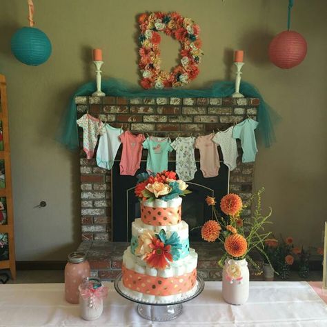 Baby shower coral and teal Coral Baby Shower, Adoption Shower, Sprinkle Ideas, Ideas For Baby Shower, Ideas Baby Shower, Baby Shower Bbq, Trendy Baby Shower Ideas, Boy Baby Shower Themes, Twins Baby Shower