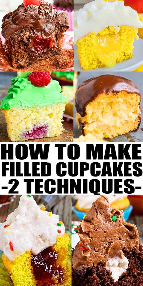 Learn how to make easy filled cupcakes with jam, peanut butter, Nutella frosting, ganache and much more. Two different but simple techniques are explained. From CakeWhiz. How To Fill Cupcakes With Jam, How To Make Stuffed Cupcakes, How To Stuff Cupcakes, How To Make Filled Cupcakes, How To Put Filling In Cupcakes, Easy Cupcake Filling Ideas, Filled Mini Cupcakes, Filled Cakes Ideas, Cupcake Fillings Recipes