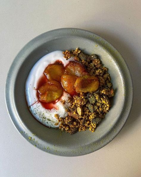 sabrina | plantbased foodie on Instagram: "miso tahin granola, coco yogurt, rose and maple damson sauce and matcha Damson sauce handful of damsons (~8) 2-3 tbsp maple syrup 3 tbsps rose water 1/2 tsp soy sauce or salt, miso pinch of cinnamon little squeeze of lemon half damsons and core them put all ingredients in a pot and simmer on low heat for ~ 5 mins serve with whatever you like 🙃 #plantbased #breakfastideas" Health Meal Plan, Dairy Free Options, Morning Food, Edible Art, Food Diary, Rose Water, Pretty Food, Maple Syrup, Soy Sauce