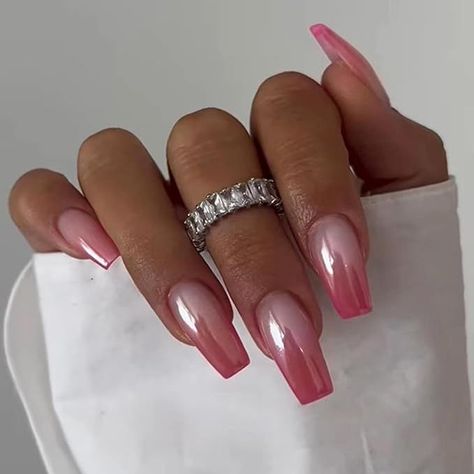 Nails With Chrome Design, French Tip Ballerina, Nails Pink French Tip, Nails Pink French, Nails With Chrome, Ombre Chrome Nails, Long Fake Nails, Ballerina Nails Designs, Pink French Tip