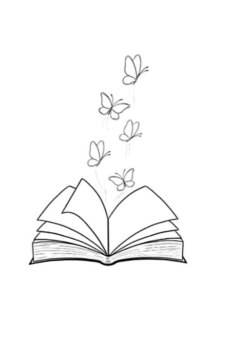 Simple Book Painting, Book Opening Drawing, Books Outline Drawing, Books And Flowers Drawing, How To Draw A Book Easy, Cute Book Doodles, Book Doodles Easy, Open Book Doodle, Sketches Of Books