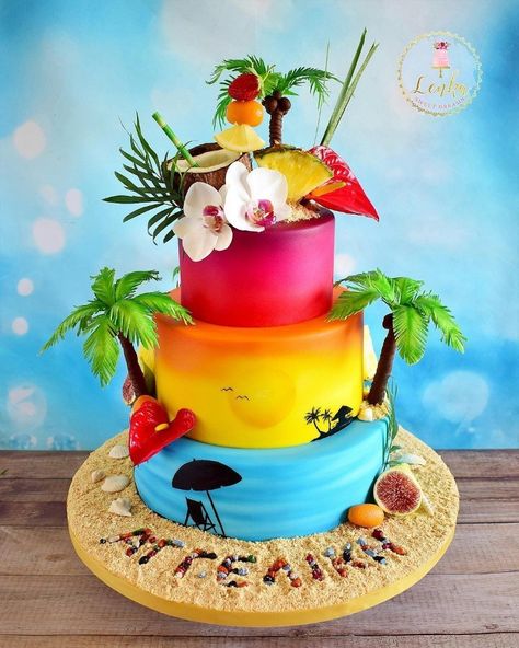 Tropical Theme Cake For Men, Hawaii Cake Ideas, Hawaiian Birthday Cakes For Men, Island Themed Cake, Carribean Cake Design, Aloha Cake, Hawaiian Birthday Cakes, Tropical Birthday Cake, Hawaii Cake