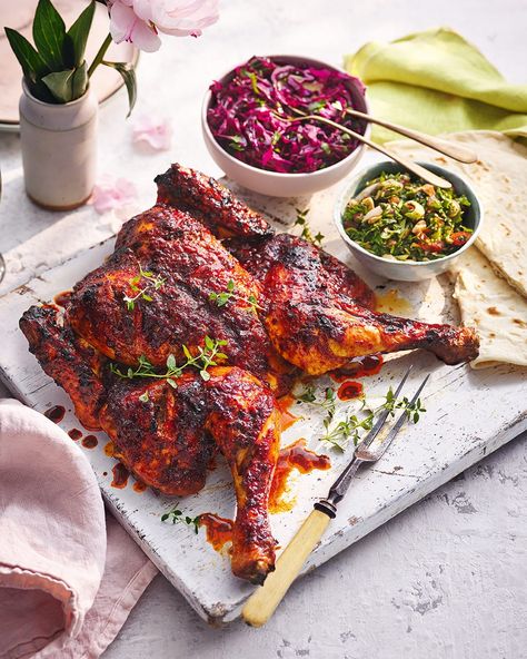 Learn how to spatchcock a chicken with this harissa and honey recipe, complete with pickled cabbage and a nutty almond tabbouleh. Tabbouleh Recipe, Harissa Chicken, Delicious Magazine, Roast Chicken Recipes, Honey Chicken, Honey Recipes, Sunday Roast, Poultry Recipes, Spicy Recipes