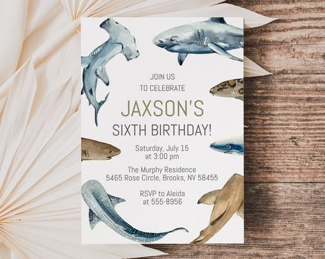 Invite guests to your shark birthday with this Shark Birthday Invitation template with great white, hammer head, whale shark, leopard shark, reef shark, nurse shark and lemon shark. Invitation that you edit. Text in blue for your little one's Under the Sea party. You edit yourself online with Corjl. FREE DEMO LINK - copy and paste the link in your browser to see how easy it is to edit: https://www.corjl.com/d/1C9OK3 ------------------------------------ HOW IT WORKS ------------------------------------ Create your perfect invitation yourself! This is an Instant Download Digital Invitation Get immediate access to your invitation template. You can purchase, edit, and print right away!  You edit online on corjl.com - no need to downoad any software, fonts, or wait for proofs.  ---------------- Shark Invitations Birthday, Shark Invitations, Shark Birthday Party Ideas, Shark Party Invitations, Shark Birthday Party Invitation, Shark Invitation, Shark Birthday Invitation, Lemon Shark, Shark Birthday Invitations