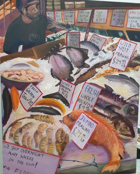 City Fish, Seattle by Irene McDonald Fish Market Painting, Fish Market Aesthetic, Fish Market Illustration, Fish Market Drawing, Sheridan Portfolio, Fish Collage, Vivid Dreams, Portfolio Ideas, Fish Market