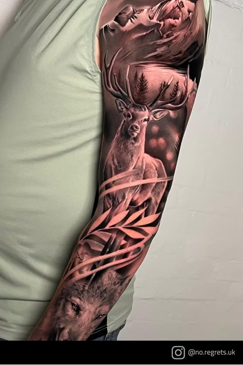 Black and grey nature sleeve by Amir Lameyra at No Regrets Bristol. 📩 Bristol@nrstudios.co.uk ⠀ 📍 26 Stokes Croft, Bristol, BS1 3PR 📲 01173620157 🔗 www.nrstudios.co.uk #nrstudios #tattooosleeve #sleevetattooideas #naturetattoo #blackandgreyrealismtattoo #realismtattoo #realistictattoos #deertattoo #wolftattoos #tattoosleeveideas #coolsleevetattoos #realismtattoosleeve Black And Grey Animal Tattoos, Mens Nature Tattoo Sleeve, Nature Sleeve Tattoo For Men, Realistic Nature Tattoo, Half Sleeve Tattoo For Men, Nature Themed Sleeve Tattoo, Nature Sleeve Tattoo, Camo Tattoo, Sleeve Tattoo For Men