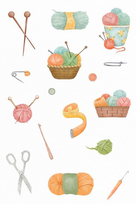 Knit Illustration, Knitting Clipart, Knitting Wallpaper, Yarn Clipart, Crochet Clipart, Knitting Illustration, Stickers Bonitos, Crochet Logo, Eid Card Designs