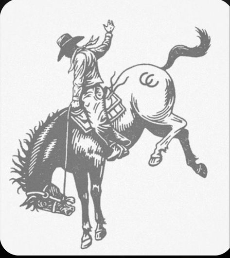 Roping Cowboy Tattoos, Bucking Cowboy Tattoo, Cowboy Bucking Horse Tattoo, Vintage Western Stamp Tattoo, Simple Western Tattoos Men, Cowboy And Horse Tattoo, Bronc Drawing, Western Neck Tattoo, Longhorn Illustration