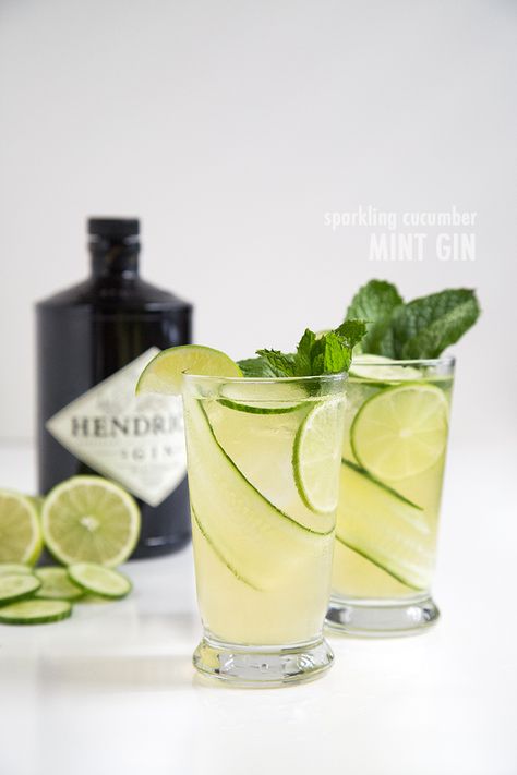 Since we're in the middle of a heatwave here in LA, this drink is on the menu all weekend long. This sparkling cucumber mint gin is the ideal cocktail to sip outside during these hot summer nights as you wait for the sun to set and the sky to turn orange. Gin Drinks, Gin Cocktails, Gin Tonic, Drink Menu, Soju, Slushies, Limes, Gin And Tonic, Summer Cocktails