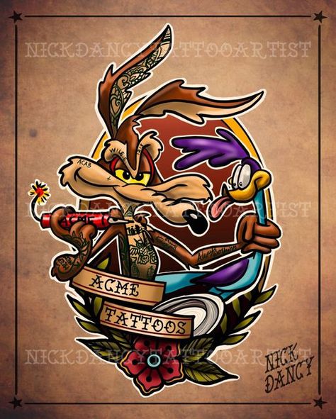 Nick Dancy Tattooartist on Instagram: "Now that i Got my colours thought i should make some new designs who loves Roadrunner? Made this While e coyote and Road Runner one! Anyone want it? Only 3000kr 😁#tattoo #tattoos #ink #looneytunes #roadrunner #whileecoyote #wb #tattooing #warnerbros #meepmeep #traditional #traditionaltattoo #colourtattoo #neotraditional #neotraditionaltattoo #newschool #customdesign #customtattoo #custommade #hipster #ipadart #ipadpro #ipadproart #procreate #nopainnogain Wiley Coyote And Road Runner Tattoo, Road Runner Tattoo Design, Coyote And Road Runner Tattoo, Wile E Coyote Tattoo, Road Runner Tattoo, Roadrunner Tattoo, Coyote And Road Runner, Wylie Coyote, Coyote Tattoo