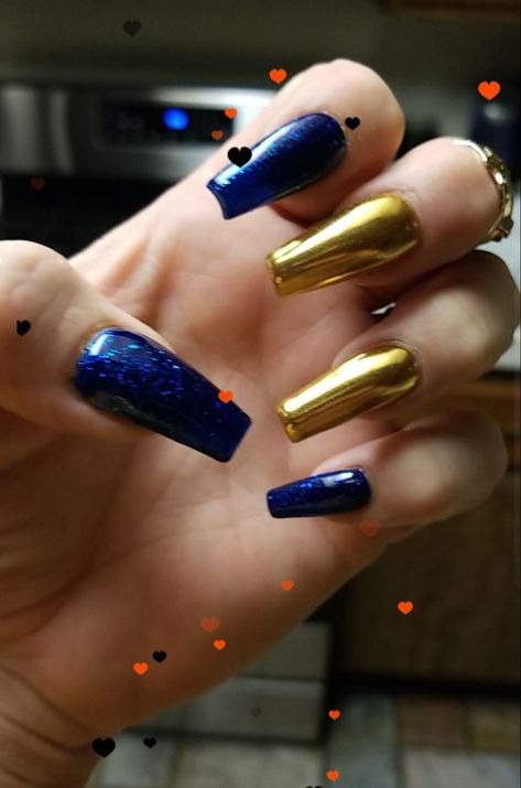 Blue And Gold Chrome Nails, Chrome Coffin Nails, Chrome Coffin, Blue Chrome Nails, Gold Chrome Nails, Gold Acrylic Nails, Royal Blue And Gold, Gold Chrome, Glitter Gold