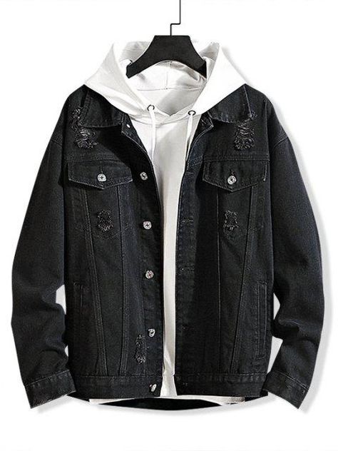 [30% OFF] 2021 Solid Color Ripped Decorated Denim Jacket In BLACK | ZAFUL Ripped Denim Jacket, Sales Clothes, Latest Mens Fashion, Black Denim Jacket, Men Fashion Casual Outfits, Ripped Denim, Mens Casual Outfits, Collar Shirt, Look Cool