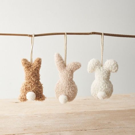 An adorable assortment of hanging sherpa bunny decorations that is perfect for adding a touch of whimsy to your Easter and Spring decor. The neutral colour palette of beiges, browns and whites makes it fit seamlessly in any home. These come as a set of three. Approx size 12cm Easter Rabbit Decorations, Easter Wood Crafts, Rabbit Decor, Leaf Cards, Country Style Decor, Nature Color Palette, Bunny Decor, Hanging Decorations, Easter Rabbit