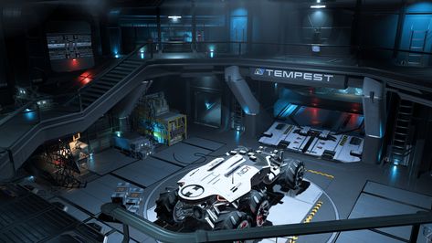 Futuristic Garage Interior, Sci Fi Armory Room, Futuristic Bunker, Rimba Racer, Dc Universe Online, Scifi Interior, Interior Concept Art, Future Technology Concept, Space Story