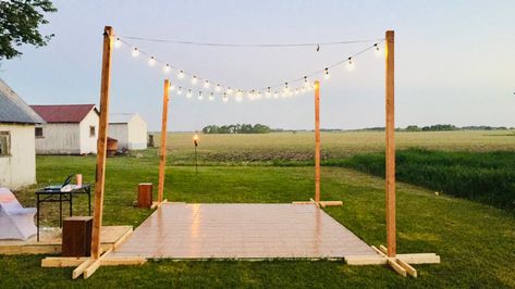 Outdoor Dance Floors Wedding, Diy Backyard Wedding Lighting, Building A Dance Floor Wedding, Diy Wood Dance Floor, Makeshift Dance Floor Wedding, Backyard Wedding Dance Floor Ideas, Outdoor Dance Floor Lights, Garden Party Dance Floor, Concrete Dance Floor Wedding