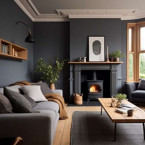 Living Room Charcoal Walls, Dark Grey Panelling Living Room, Dark Grey Walls Living Room, Dark Blue Lounge, Grey Feature Wall, Dark Blue Sofa, Dark Grey Living Room, Western Cottage, Grey Walls Living Room