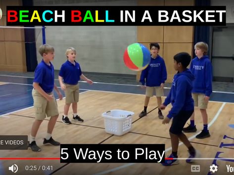 BEACH BALL IN A BASKET – 5 WAYS TO PLAY – Game of the Week – Keeping Kids in Motion Sports And Recreation Games, Beachball Games, Games To Play In The Gym, Beach Team Building Activities, Cooperative Pe Games Elementary, P E Games Elementary, Indoor Pe Games Elementary, Beach Ball Games For Kids, Indoor Pe Games