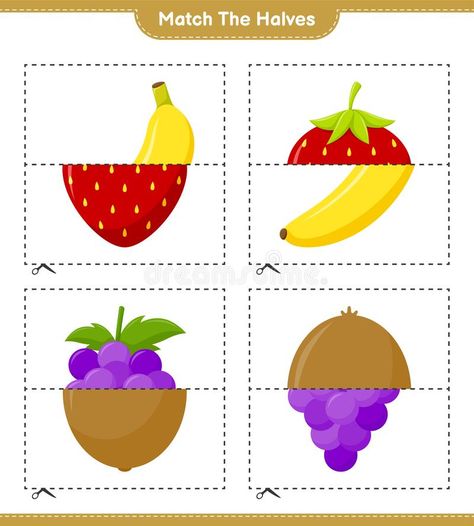 Match the halves. Match halves of Fruits. Educational children game, printable worksheet, vector illustration. Match the halves. Match halves of Fruits royalty free illustration Fruits Worksheets For Kids, Vegetable Activity For Kids, Name Activities Preschool, Different Kinds Of Fruits, Teach English To Kids, Fruit Crafts, Kids Worksheets Preschool, Puzzles For Toddlers, Game Printable