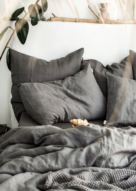 "Rest your mind on this soft and fabulous natural linen pillowcase in charcoal grey... Aesthetic and elegant, this pillowcase will add extra charm and coziness to your bedroom. Perfectly matches charcoal grey waffle blankets. Use them together to give your bed a whole new style. Linen is fully breathable, anti-allergic, ultra-durable and 100% natural. Handcrafted with care in Lithuania from premium local linen. The colors matches perfectly with the rest of the charcoal grey selection: waffle bla Grey Bedsheets Aesthetic, Dark Gray Bed, Grey Bed Sheets, Gray Bedding, Grey Aesthetic, Waffle Blanket, Euro Sham, Bed Linen Sets, Linen Pillow Covers