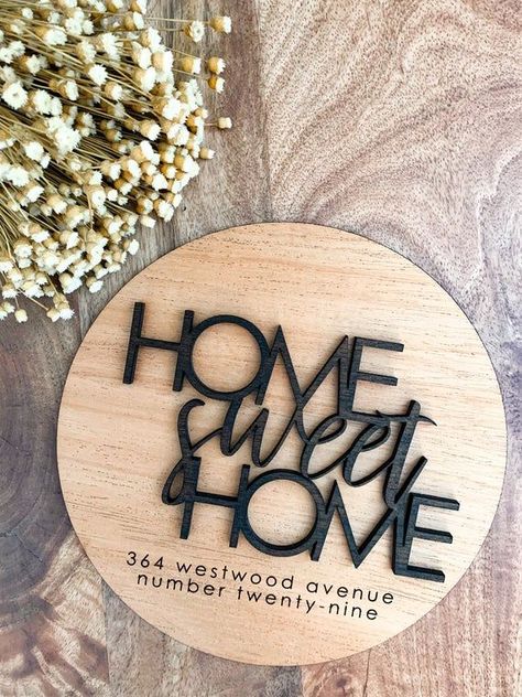 This 3D laser created sign is the perfect housewarming or wedding gift! Include an address, family last name, year established, or phrase - totally up to you!Item details: ❃ Wooden sign (8" or 18")❃ Optional string for hanging (see other listings in my shop for example!)❃ Made from 1/4" Mahogany wood board ❃ Laser engraved and cut to order in Manasquan, New JerseyKeywords: Home Sweet Home Wooden Sign, Custom Address Housewarming Gift, Door Decoration, Farmhouse Decor, Wedding Gift, Round Sign, L Laser Craft Ideas, Glow Forge Ideas, Laser Cut Gift Ideas, Personalized Serving Tray, Home Wooden Signs, Laser Design, Laser Cut Wood Crafts, Laser Engraved Gifts, Laser Projects